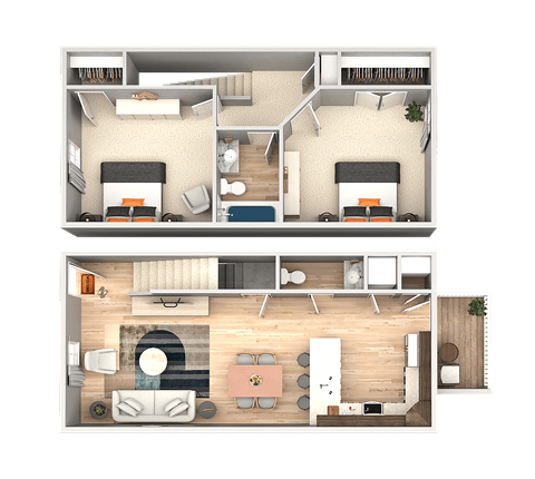 A top-down view of a two-story apartment with a living room, kitchen, and bedrooms.